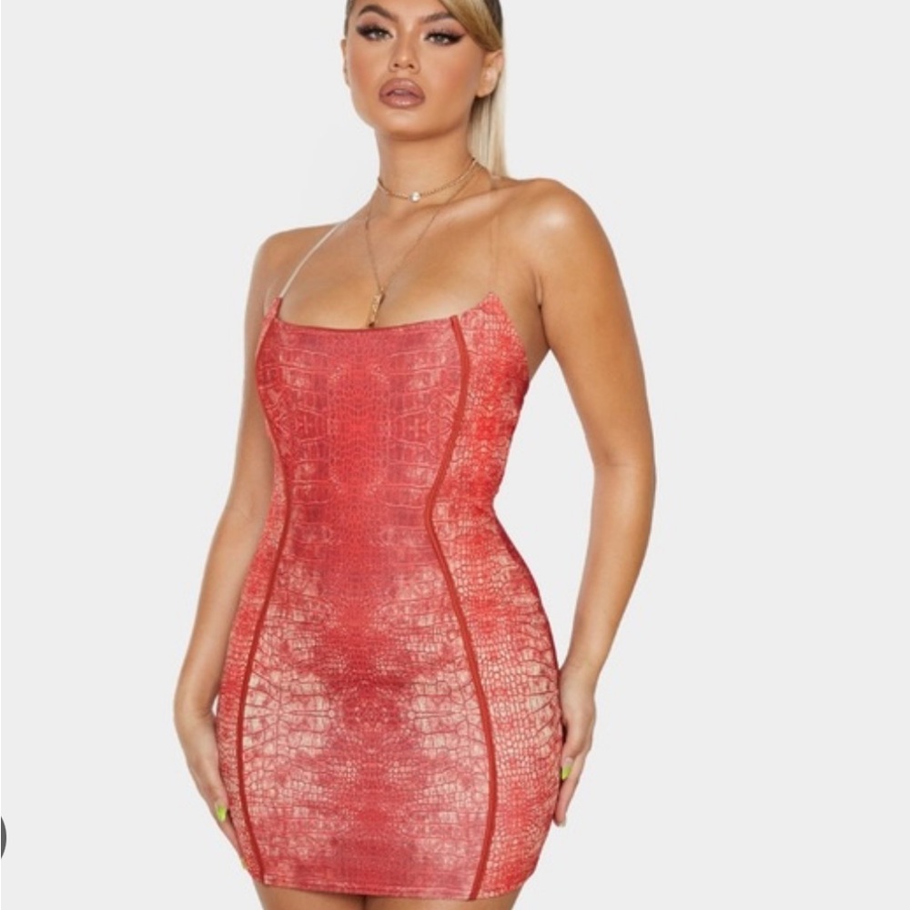 Pretty Little Thing | Red Snake Skin Print Dress with Clear Straps